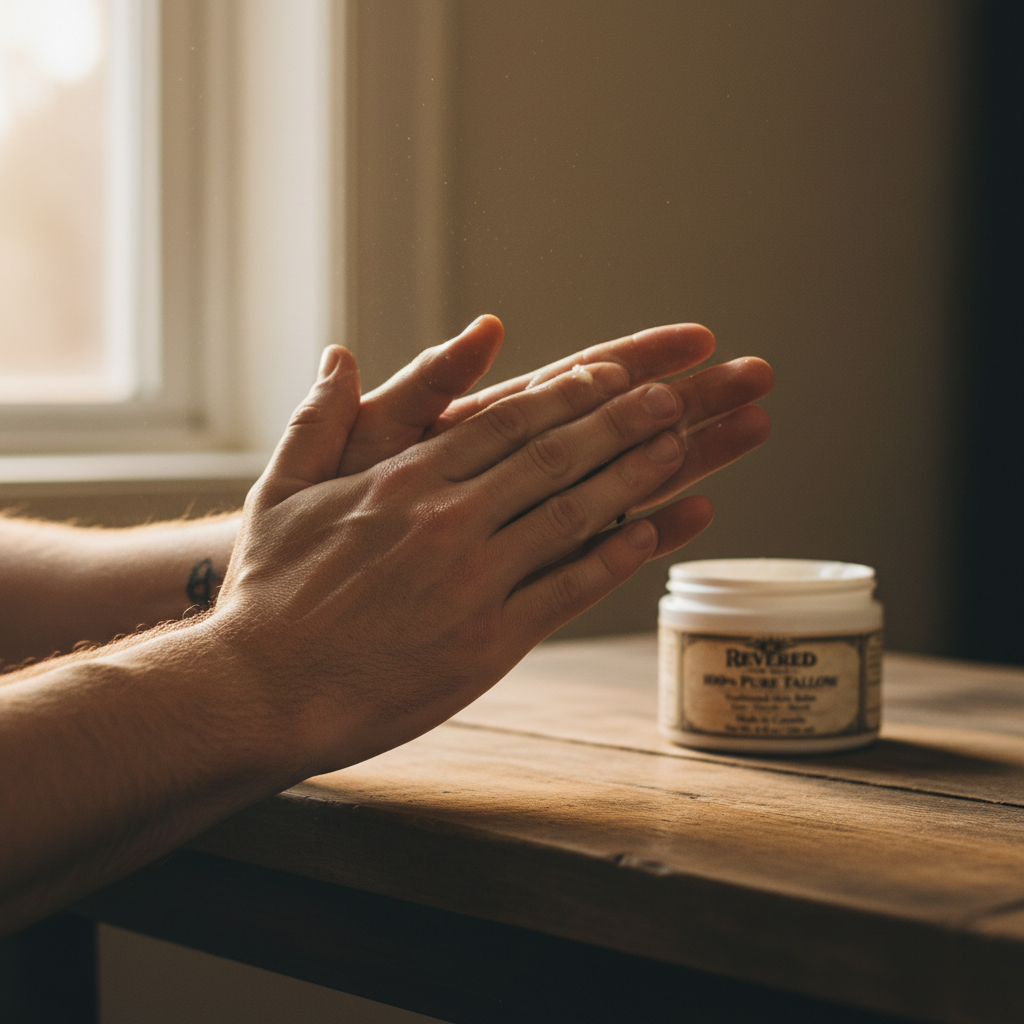 Close-up of hands applying pure tallow balm moisturizer