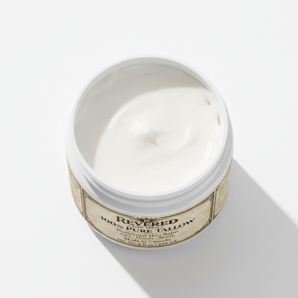 Open container showing pure white whipped tallow texture
