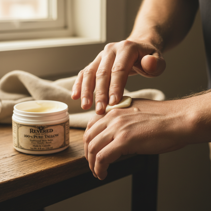 Professional man holding Revered tallow balm for face and beard care