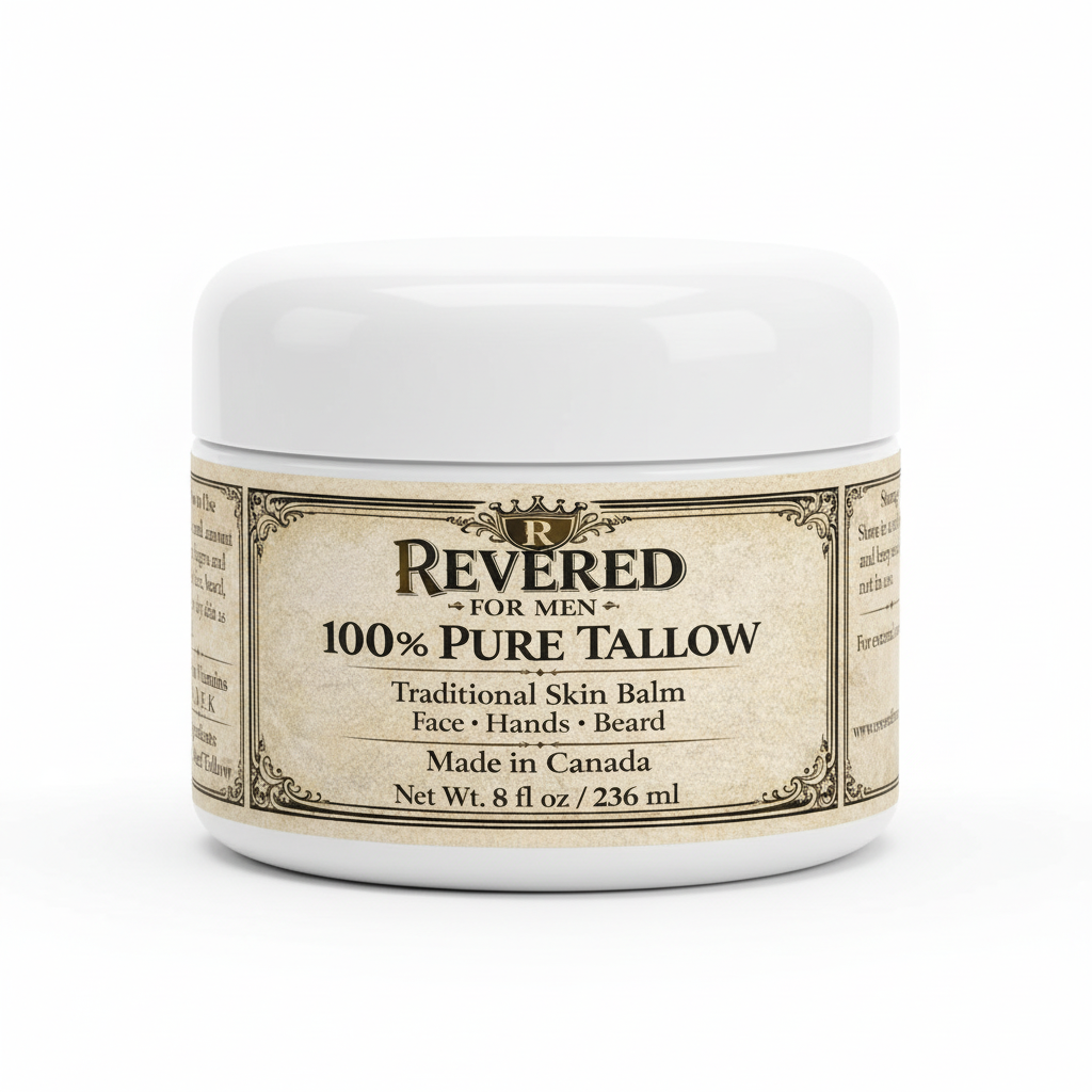 Revered For Men 100% Pure Tallow Balm 8oz white dome container with vintage label