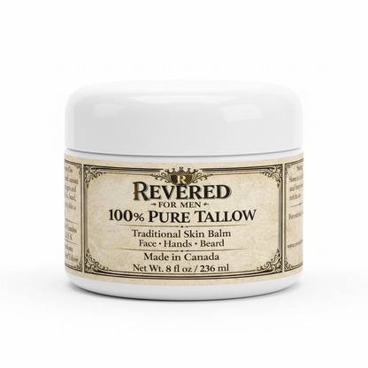 Revered For Men 100% Pure Tallow Balm 8oz white dome container with vintage label