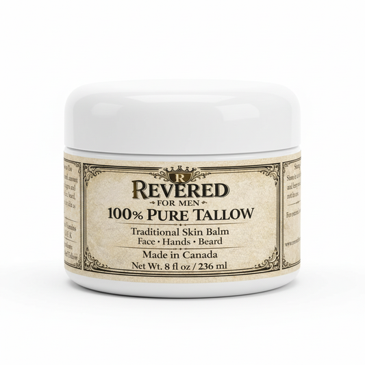 Revered For Men 100% Pure Tallow Balm 8oz white dome container with vintage label
