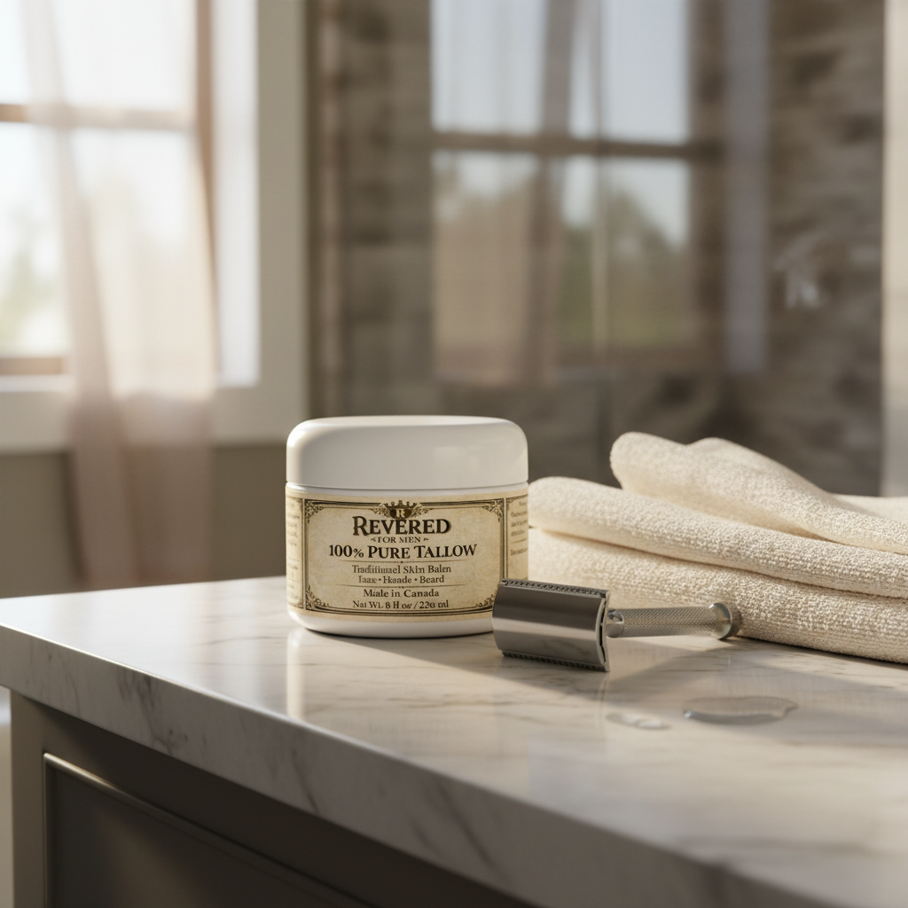 Revered tallow balm with men's grooming essentials flatlay